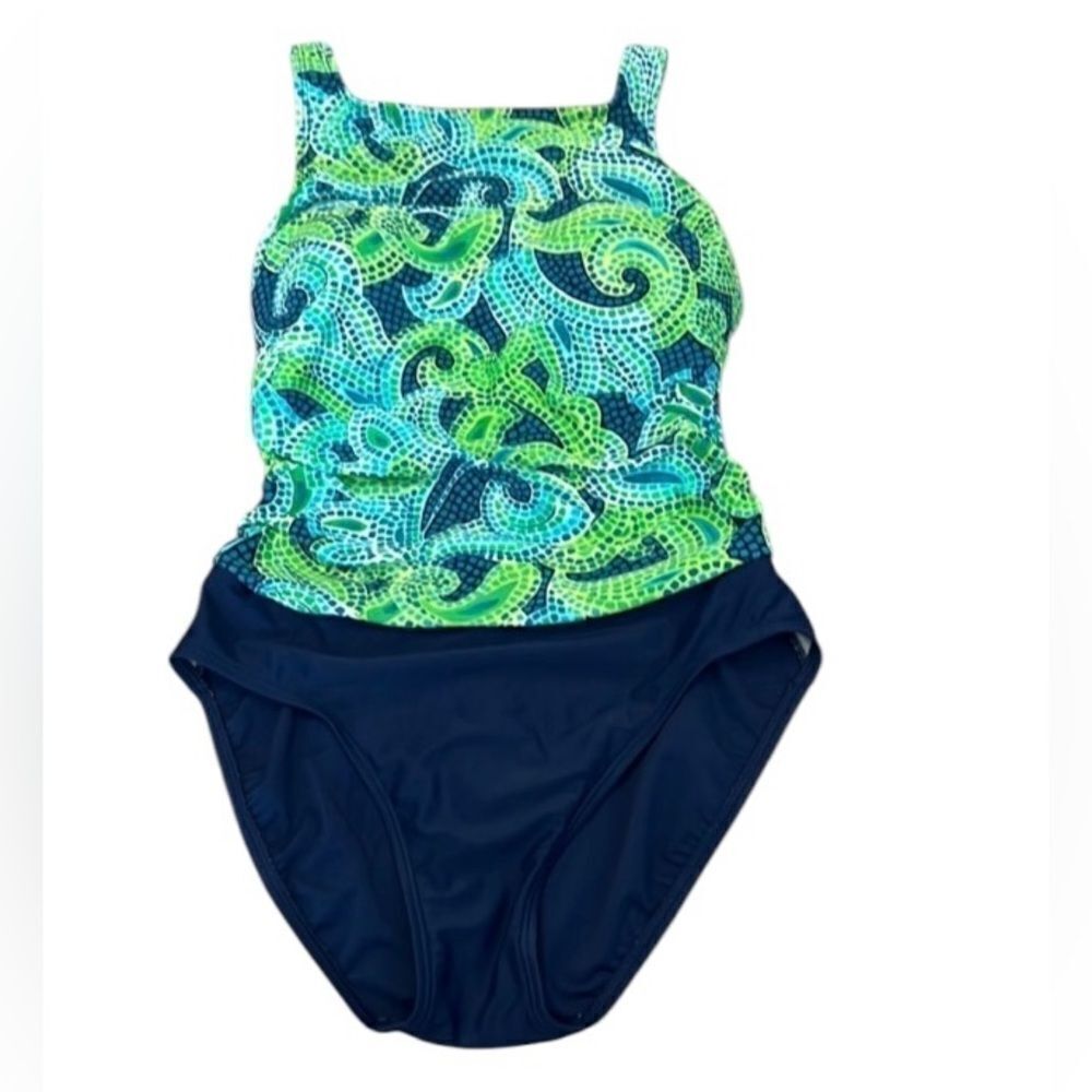 Christina size 12/34 one piece green and blue drapey front swimsuit GUC